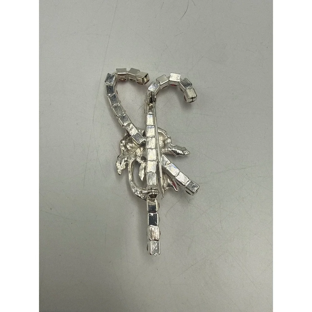 Vintage Christmas Candy Cane Brooch Silver Tone Red Clear Rhinestone Enamel‎ Pin